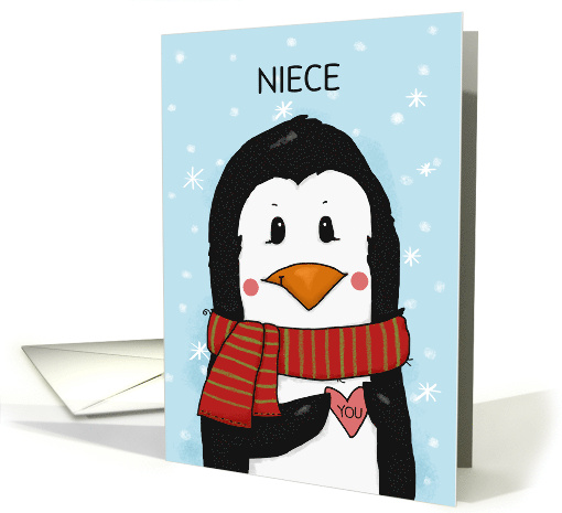 Customizable Penguin with Heart Merry Christmas for Niece card