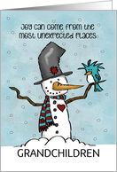 Customizable Snowman with Bird Friend Merry Christmas for Grand Kids card