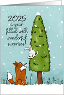 Fox Surprised by Bunny in Pine Tree Customizable Happy New Year 2024 card