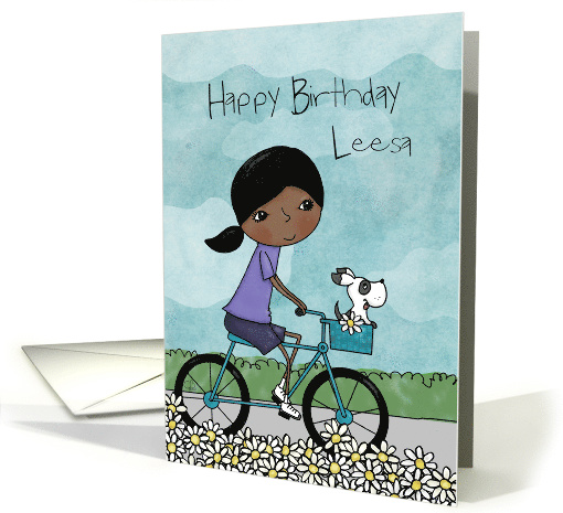 Customizable Birthday for Leesa Young Woman on Bike with Dog card