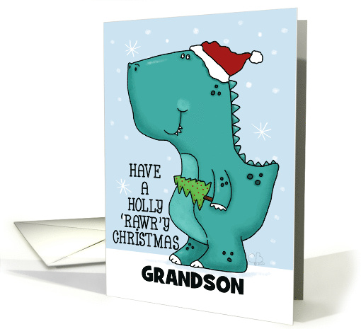 Customizable Holly RAWRy Christmas Dinosaur for Grandson card