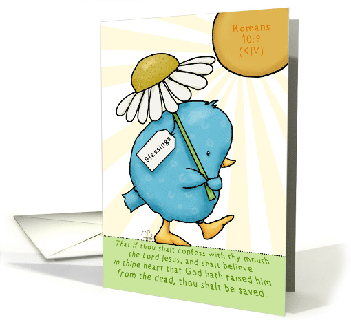Blue Bird with Daisy Happy Easter Blessings Romans 10:9 Scripture card