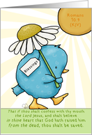 Blue Bird with Daisy Happy Easter Blessings Romans 10:9 Scripture card