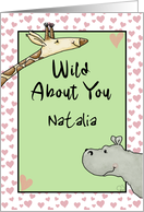 Giraffe Hippo Heart Border Wild About You Custom Happy Valentine’s Day card