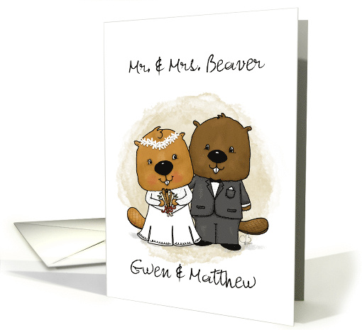 Beaver Bride and Groom Customizable Name Congratulations Marriage card