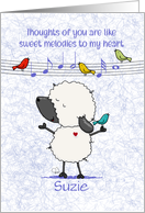 Sheep and Birds Melodies to My Heart Customizable Happy Birthday Suzie card