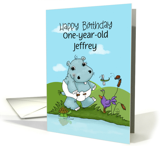 Little Diapered Hippo Customizable Happy 1st Birthday Jeffrey card