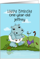 Little Diapered Hippo Customizable Happy 1st Birthday Jeffrey card