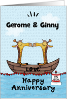 Kissing Giraffes in Boat Customizable Names Happy 25th Anniversary card