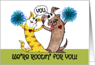 Cat and Dog with Pom Poms Rooting for You Get Well Cancer Treatment card