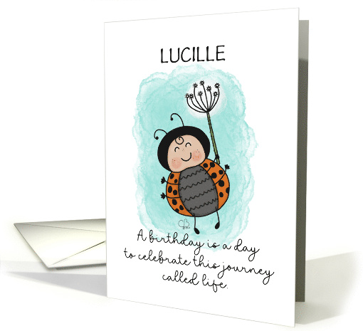 Ladybug Floating with Dandelion Customizable Birthday for Lucille card
