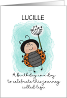 Ladybug Floating with Dandelion Customizable Birthday for Lucille card