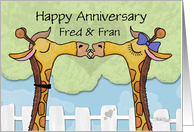Kissing Giraffes Customizable Happy Anniversary to Fred and Fran card