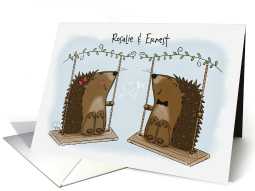 Hedgehog Couple Tree Swing Happy Anniversary Rosalie and Ernest card