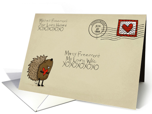 Envelope with Hedgehog Happy Anniversary for Wife Date and Names card