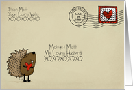 Envelope with Hedgehog Happy Anniversary for Husband Date and Names card