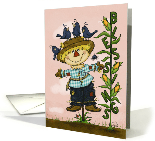 Scarecrow with Crows and Blessings Cornstalk Thanksgiving card