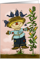 Scarecrow with Crows and Blessings Cornstalk Thanksgiving card