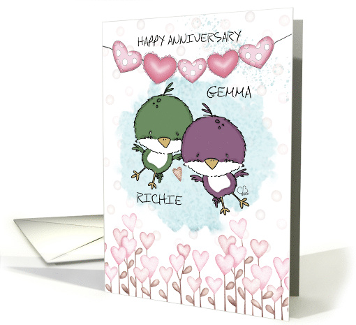 Customizable Names Happy Anniversary to Couple Birds and Hearts card