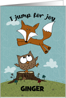 Customizable Happy Birthday Ginger Fox Jumps Over Owl card