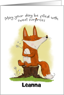 Customizable Happy Birthday Leanna Fox Sitting on Tree Stump card
