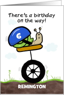 Snail Riding Unicycle Customizable 6th Birthday on the Way Remington card