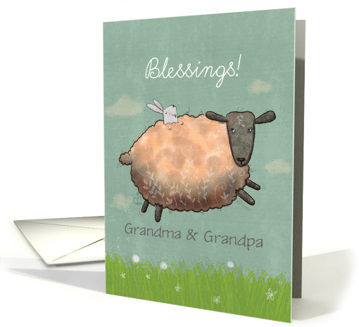 Easter Blessings Sheep Frolicking with Bunny Grandma and Grandpa card