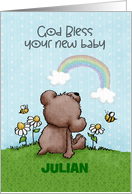 Customizable Congratulations on New Baby Julian Bear Looks at Rainbow card