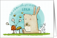 Customizable Happy Birthday Leila Bunny Holds Bee card