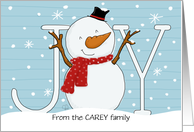 Customizable Merry Christmas From the Carey Family Joy Snowman card