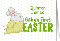 Customizable Name Baby’s First Easter Quinton Bunny Wrapped in Blanket card