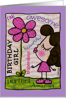 Happy Birthday for Birthday Girl Dark Hair Little Girl with Flower card
