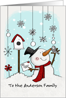 Merry Christmas Special Delivery Snowman Mail To Anderson Family card