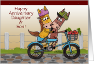 Customizable Happy Anniversary to Daughter and Son Horses Ride Bike card
