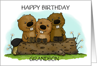 Customizable Happy Birthday Grandson Three Beavers Treemendous Day card