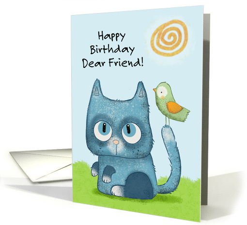 Happy Birthday Dear Friend Blue Kitty and Green Bird card (1932396)