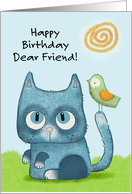 Happy Birthday Dear Friend Blue Kitty and Green Bird card