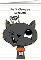 Customizable Happy Halloween Jamison Black Cat with Spider on Head card