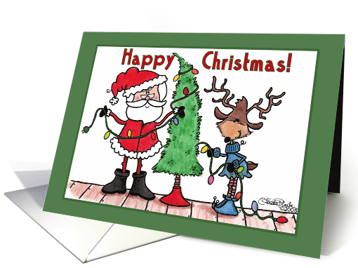 Happy Christmas Santa and Reindeer Decorating Tree card (322407)