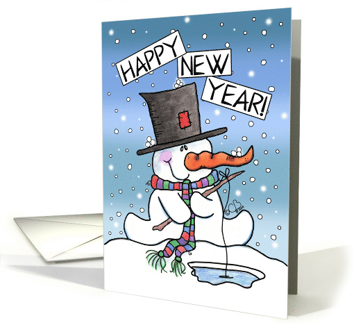 Ice Fishing Snowman Happy New Year card (327548)