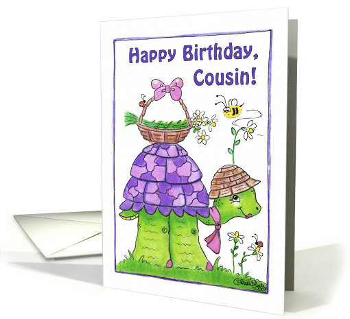 Happy Birthday for Cousin Turtle with Basket of Flowers card (331446)