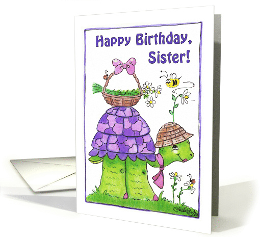 Happy Birthday for Sister Turtle with Basket of Flowers card (331452)
