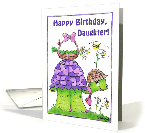 Happy Birthday for Daughter Turtle with Basket of Flowers card