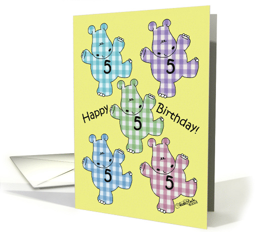 Gingham Hippos Happy 5th Birthday card (363568)