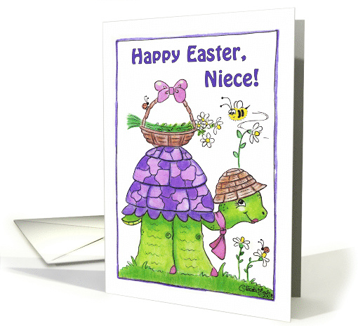 Happy Easter for Niece Turtle with Basket of Flowers card (375902)