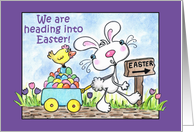 Happy Easter Heading into Easter Bunny Pulls Chick in Wagon with Eggs card