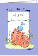 Thinking of You Thoughtful Kitty with Blue Bird on Head card