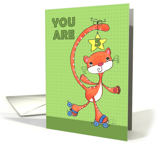 Happy 5th Birthday Roller Skating Orange Tabby Cat card (50005)