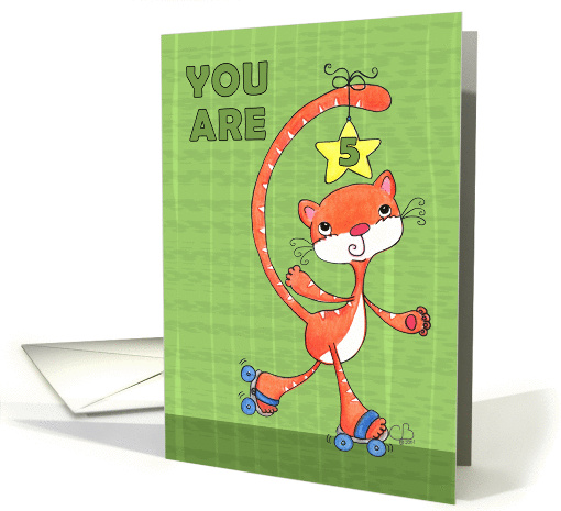 5th Birthday-Roller Skating Orange Tabby Cat card (50005)