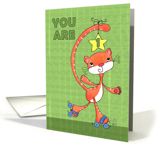 1st Birthday- Roller Skating Orange Tabby Cat card (50019)